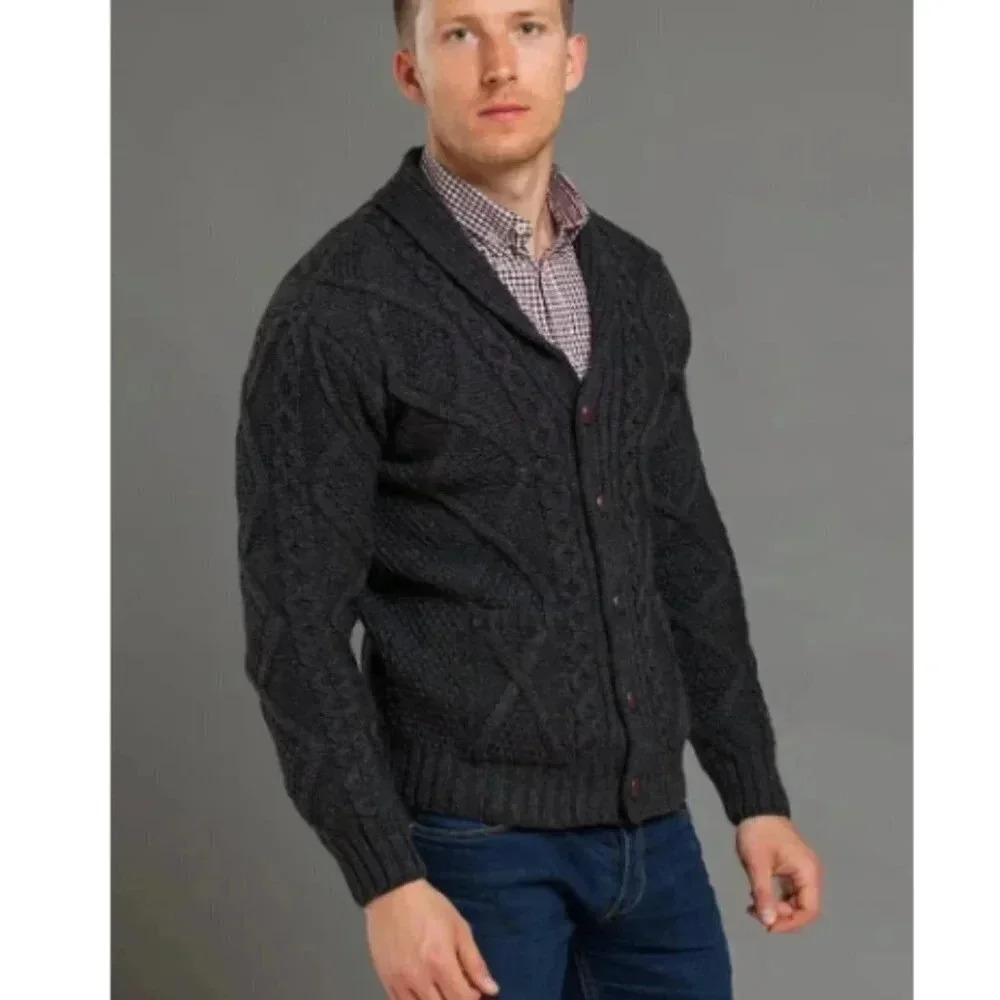 NWOT Aran Crafts Men’s Shawl Charcoal Cardigan 100% Merino Wool L